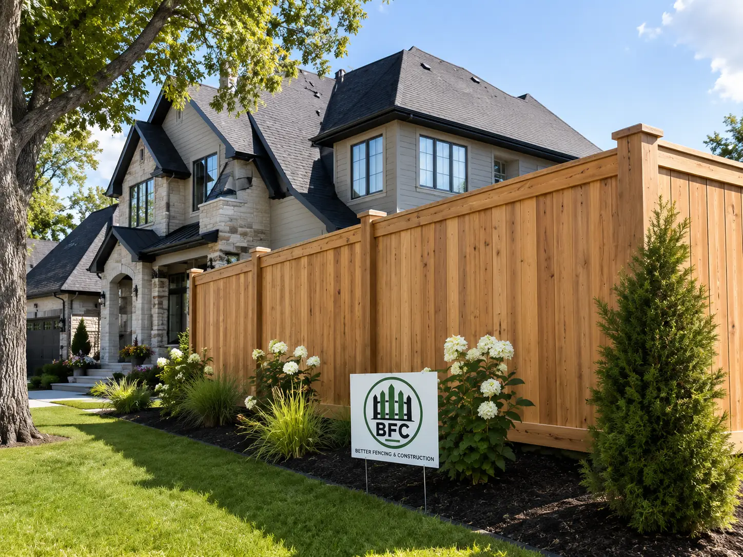 Completed residential wood fence installation with Better Fencing & Construction sign on luxury home exterior with landscaping