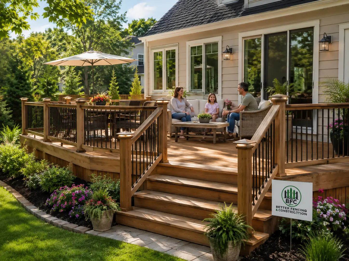 Family enjoying residential deck with railing and landscaping designed for outdoor entertaining and relaxation