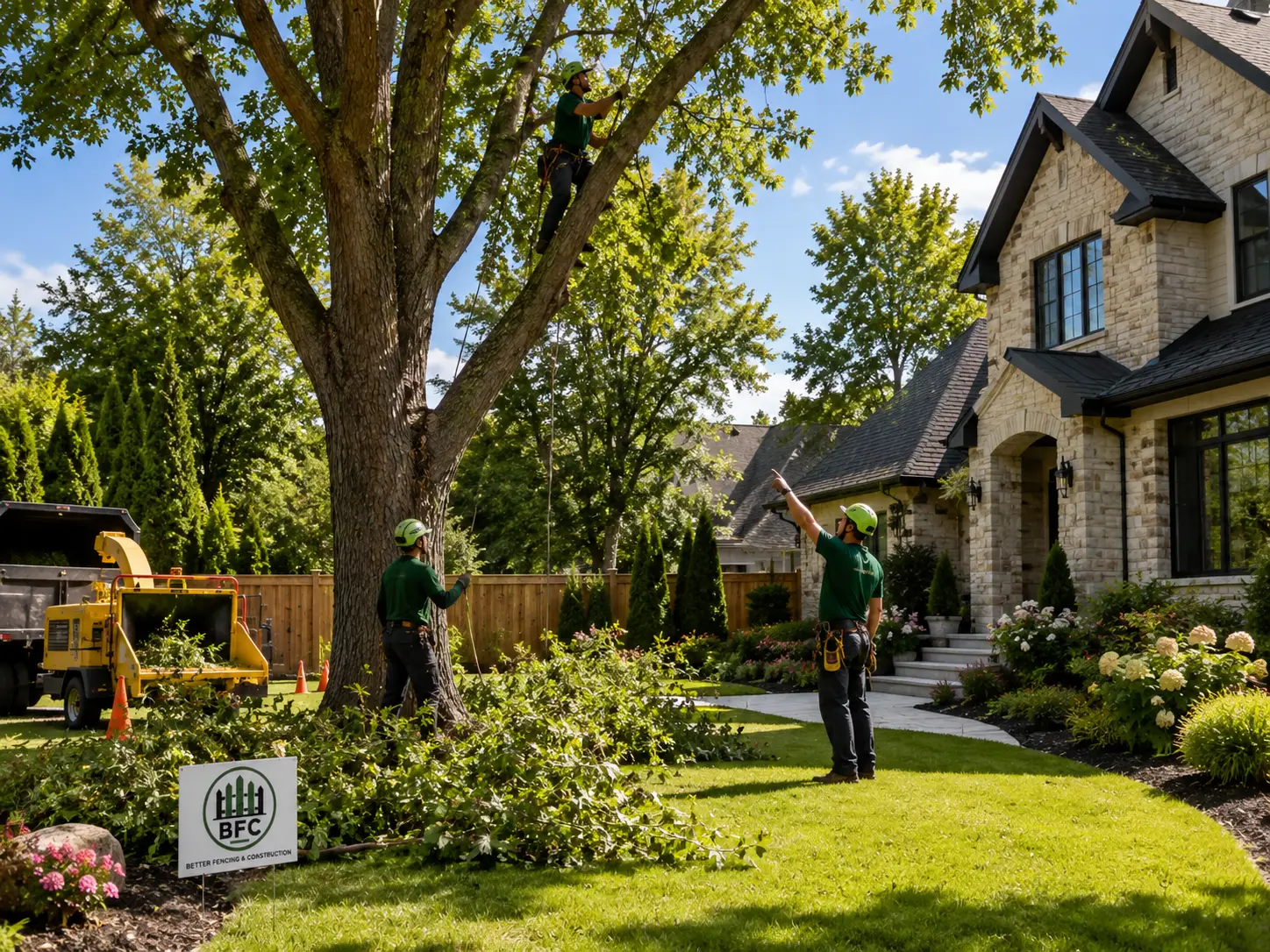 Professional tree removal and landscaping service team working at luxury residential property with wood chipper equipment