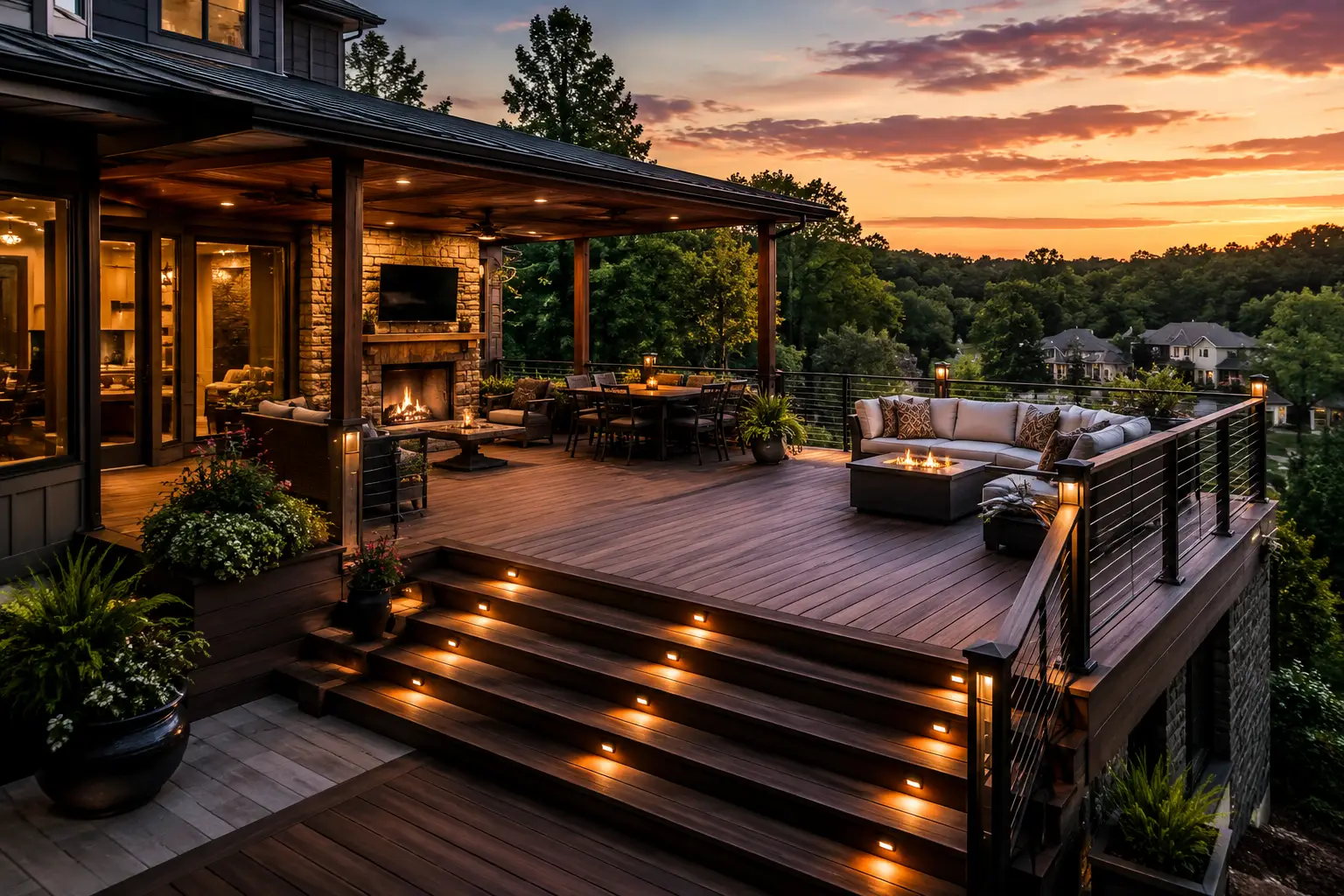 Luxury elevated deck with metal railing, outdoor fireplace, and ambient lighting overlooking scenic landscape at sunset