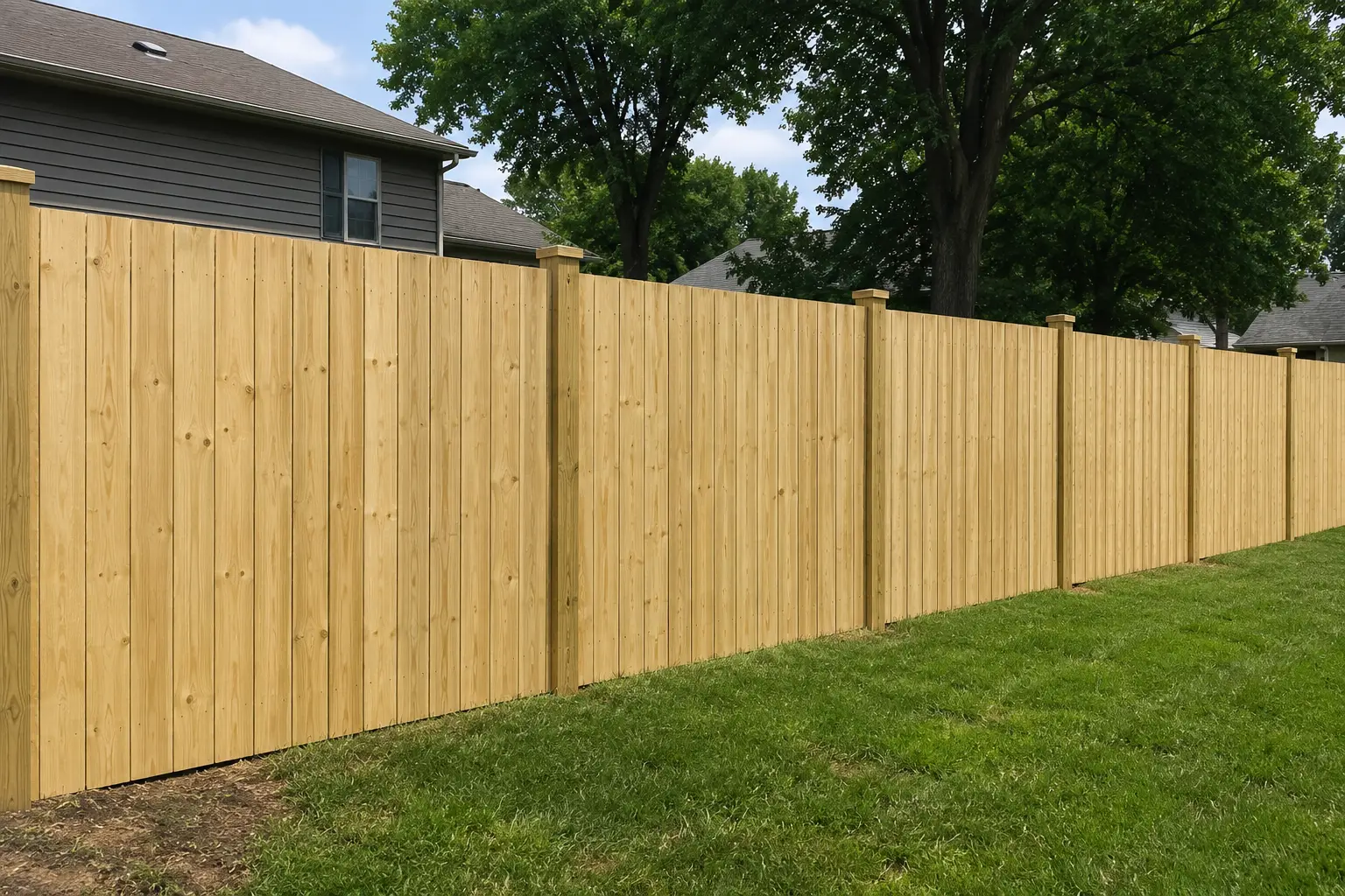 Completed residential wood privacy fence installation providing backyard privacy and property boundary definition