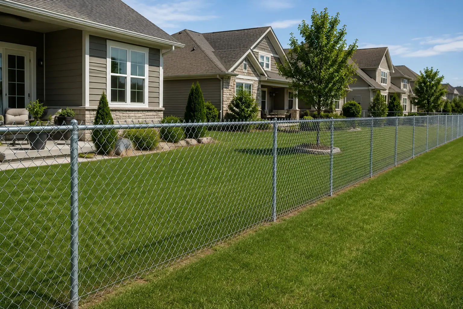 Residential chain-link fence installation providing property security and boundary definition for suburban home