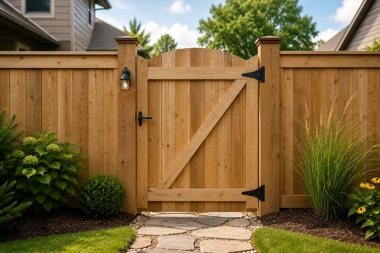 Custom wooden gate with arched top and black hardware installed in residential fence with landscape design