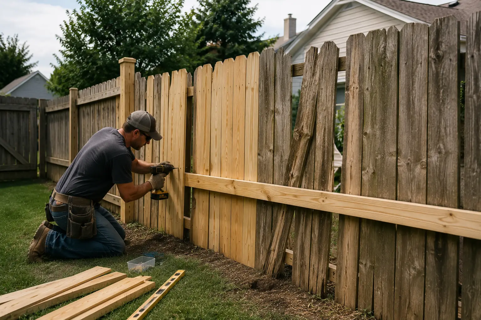 Professional fence repair contractor replacing weathered fence boards and restoring residential wood fence