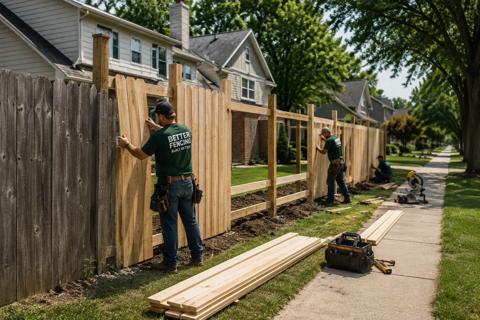 Professional fence replacement team removing old weathered fence and installing new wood fence panels in residential neighborhood