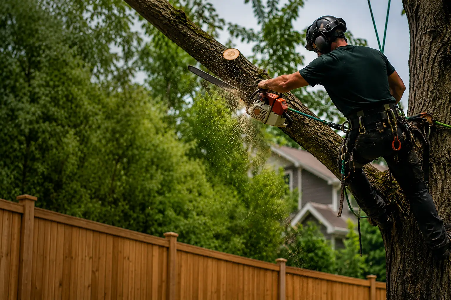 Professional arborist with safety equipment using chainsaw to trim tree branches for residential property maintenance