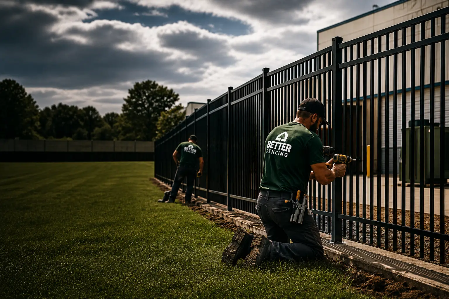 Professional commercial metal fence installation team at sports facility with branded Better Fencing shirts