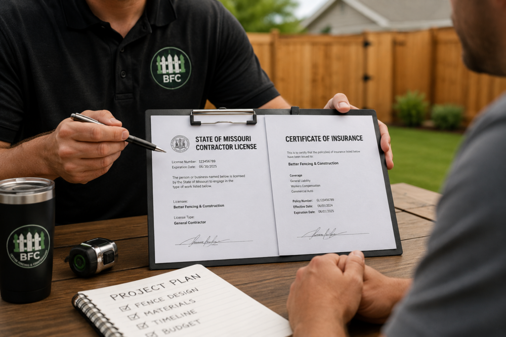 Licensed and insured fencing contractor providing documentation to a homeowner before a fence installation project.