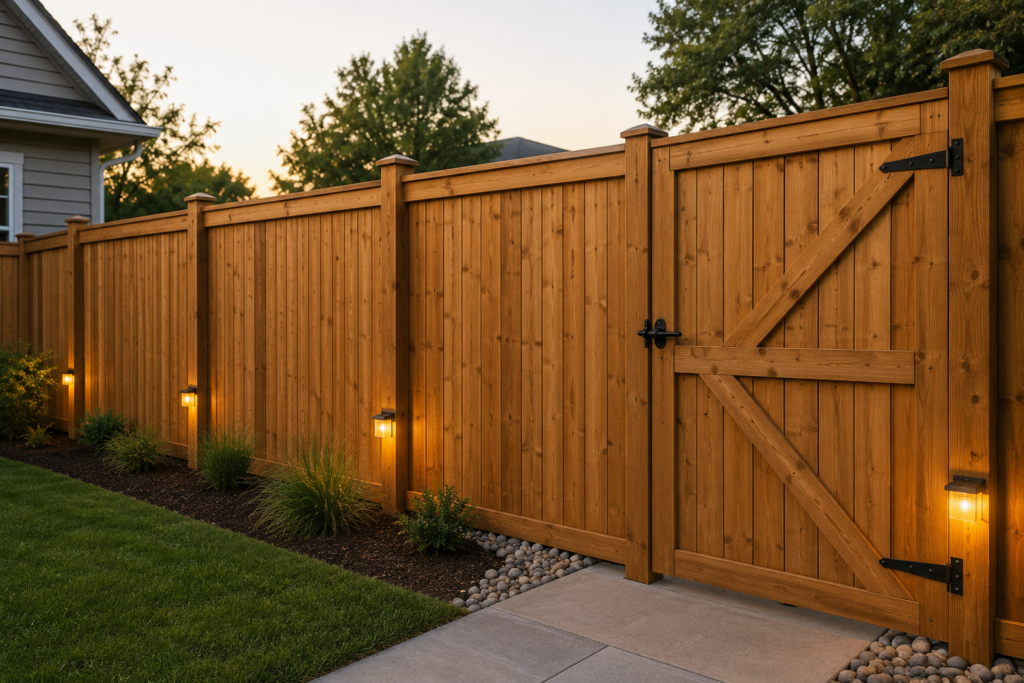 New residential wood privacy fence with custom gate and professional installation by a fencing contractor.
