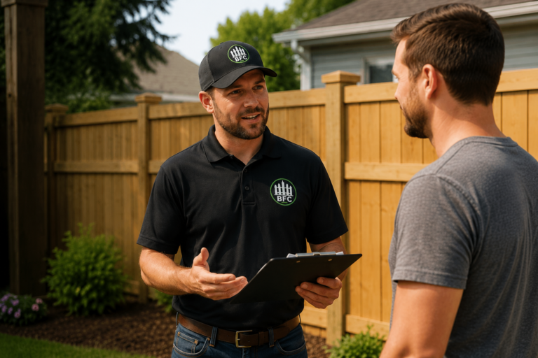 Homeowner discussing fence project details with a licensed fencing contractor during a property consultation.