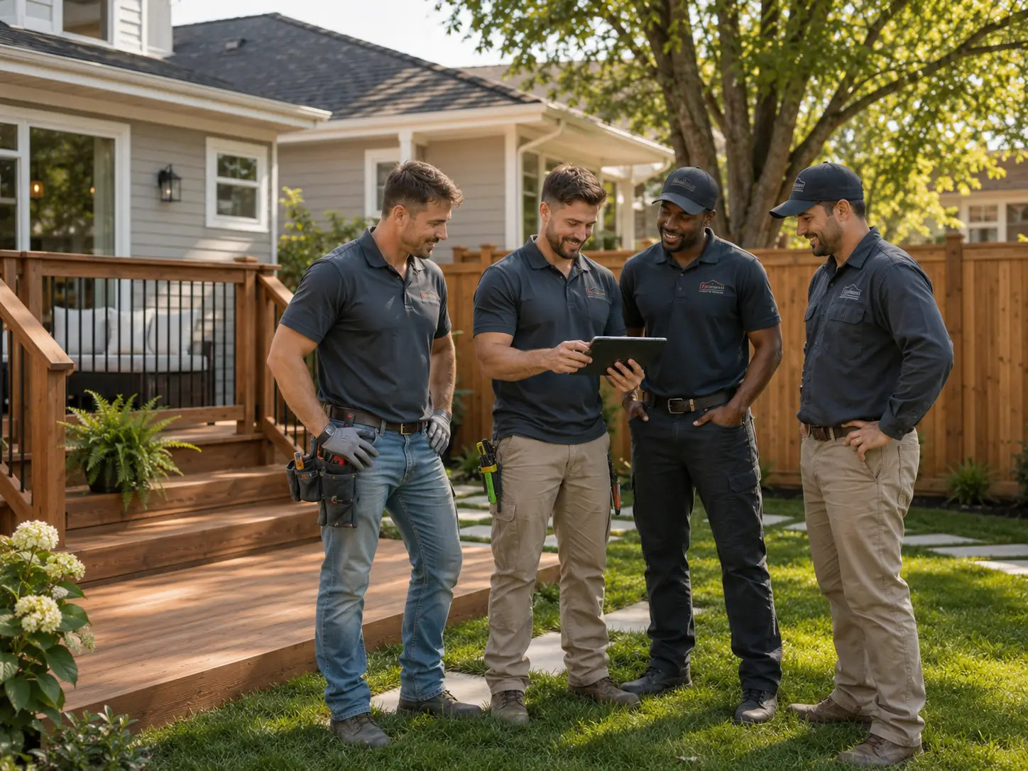Professional construction team reviewing project plans on tablet at completed residential deck and fence installation site