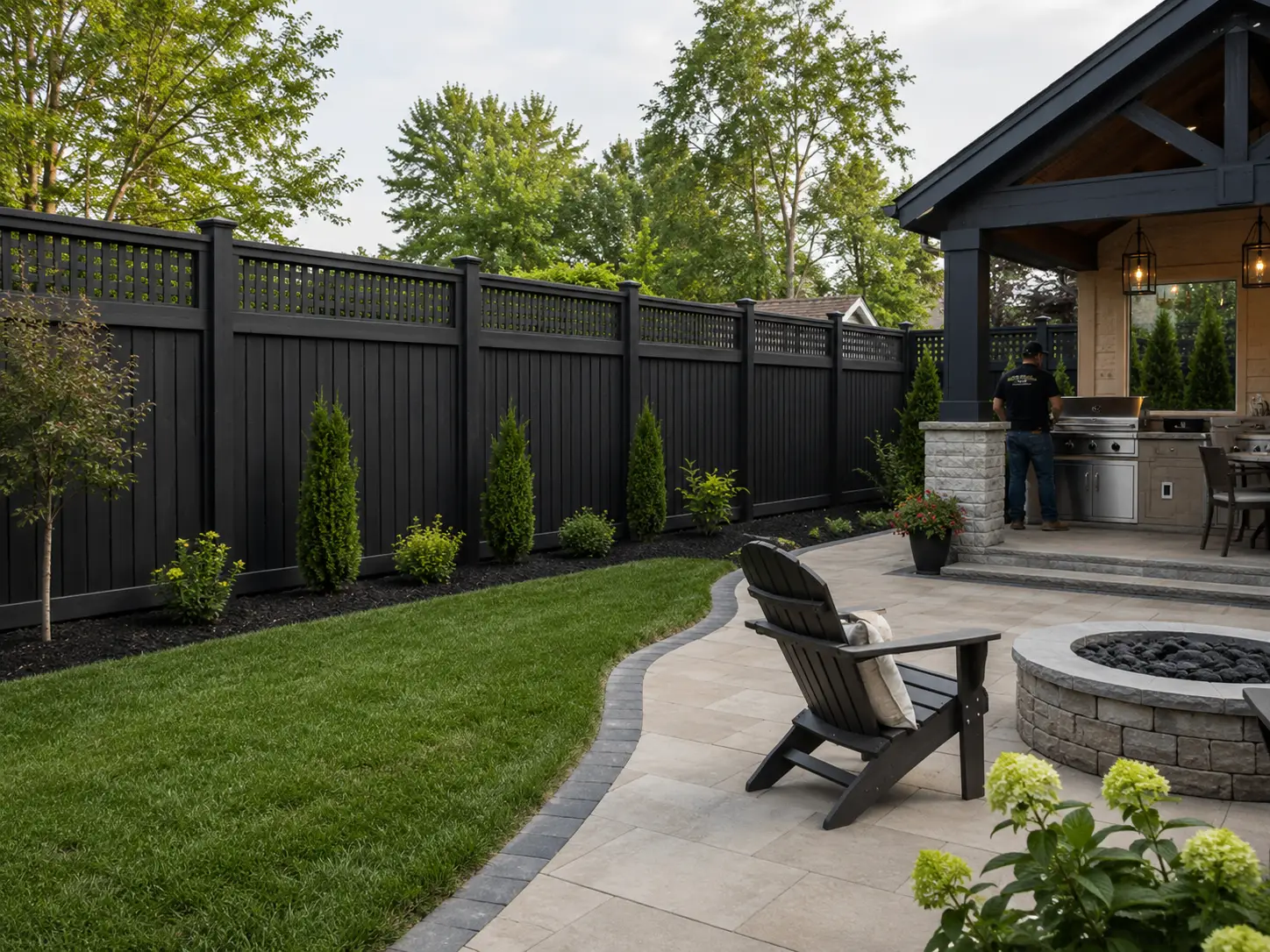 Modern black metal fence and outdoor living space with patio, fire pit, and gazebo designed for residential backyard entertainment