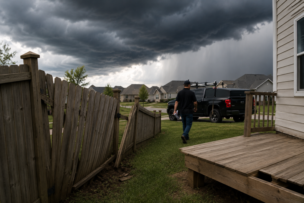 Storm-damaged fence and deck in a KC Northland neighborhood as a contractor leaves after severe weather, illustrating the risks of storm-chasing contractors.