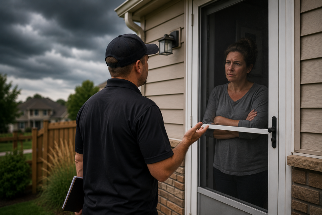 Homeowner speaking with a door-to-door contractor at the front door after a storm in a KC Northland neighborhood.
