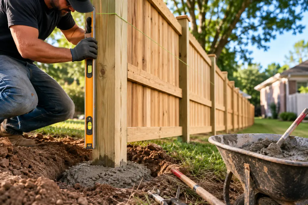 Fence posts being set in concrete for a wood privacy fence installation in Clay County clay soil.