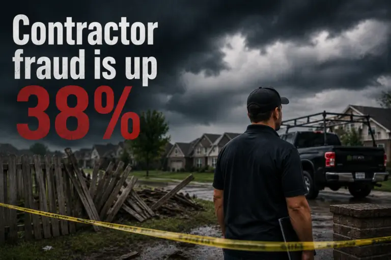 Storm-damaged fence in a KC Northland neighborhood with a local contractor inspecting the property after severe weather.